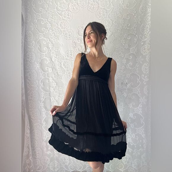 Anthropologie Ruth Black Velvet and Silk Empire Waist Party Cocktail Dress - Picture 1 of 16